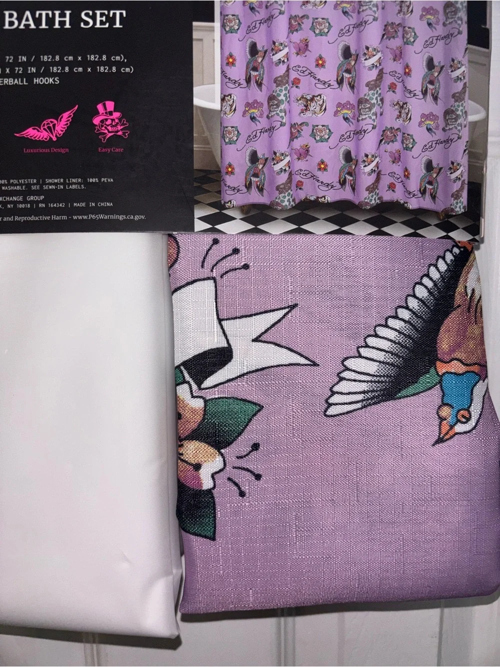 Ed Hardy Lavender Tattoo-Print Bath Set with White Liner